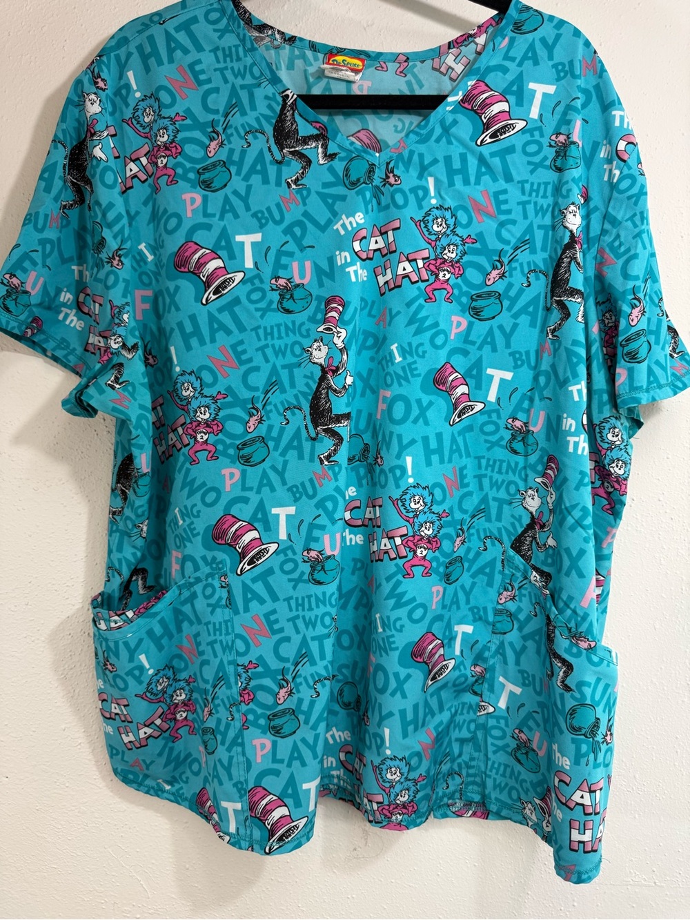Dr. Seuss The Cat in the Hat Teal Graphic Scrub Top-size 3x